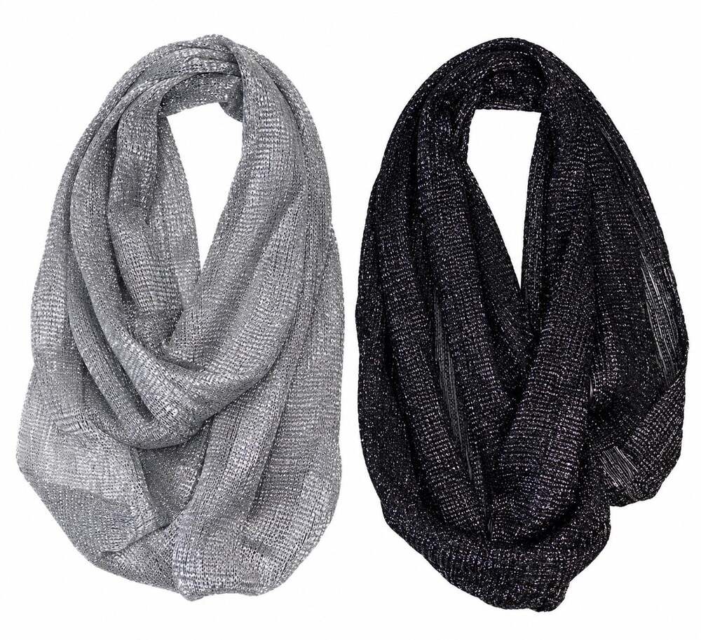 Women's Metallic Shimmer Infinity Circle Scarves Silver & Black 2 Pack NWT